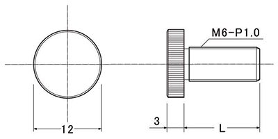 黄銅 装飾平小ねじ M6-φ12 (ローレット付/低頭タイプ) クロームメッキの寸法図