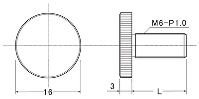 黄銅 装飾平小ねじ M6-φ16 (ローレット付/低頭タイプ) クロームメッキの寸法図