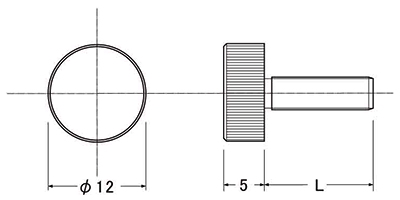 黄銅 装飾平小ねじ 頭部径φ12 (ローレット付)の寸法図
