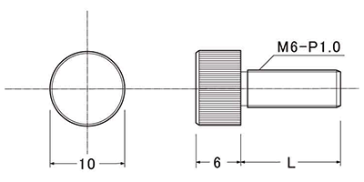 黄銅 装飾平小ねじ 頭部径φ10-M6 (ローレット付)の寸法図