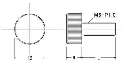 黄銅 装飾平小ねじ 頭部径φ12-M6 (ローレット付)の寸法図