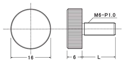 黄銅 装飾平小ねじ 頭部径φ16-M6 (ローレット付)の寸法図