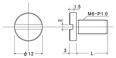 黄銅 装飾平小ねじ(-)すり割りコイン 頭部径φ12-M6 (ローレット無/低頭タイプ)の寸法図
