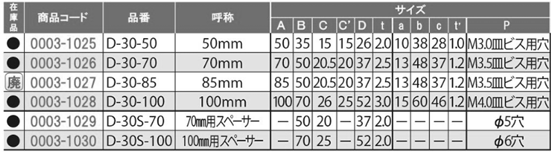 ステンレス クマモト 多機能打掛 (D-30S)(スペーサー)の寸法表