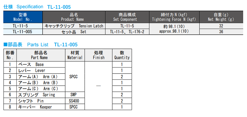 栃木屋 キャッチクリップ TL-11-5の寸法表