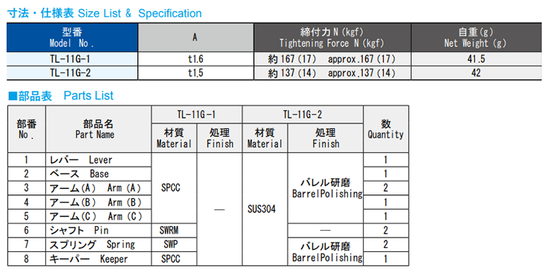 栃木屋 キャッチクリップL型 TL-11G-2の寸法表