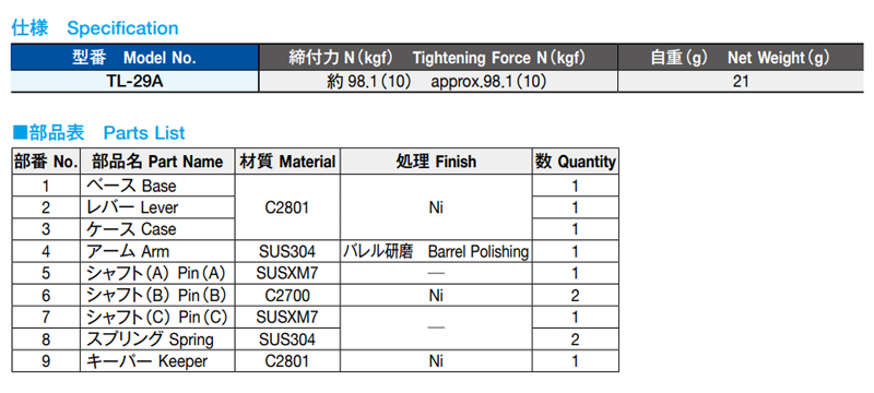 栃木屋 T型ファスナー5型 TL-29Aの寸法表