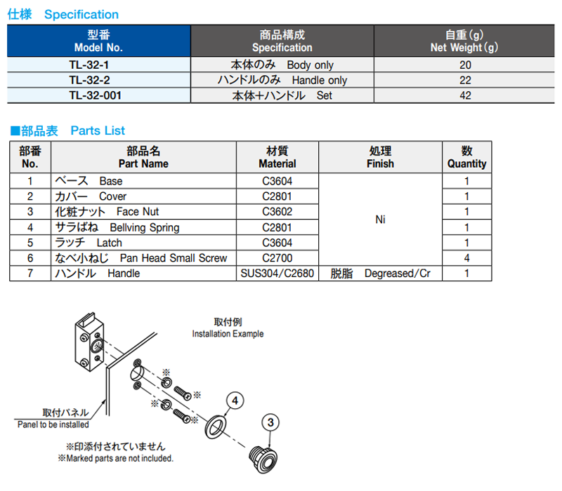 栃木屋 ハンドルロック2型ハンドルのみ TL-32-2の寸法表