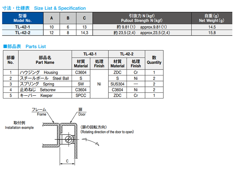 栃木屋 ボールキャッチ TL-42-1の寸法表