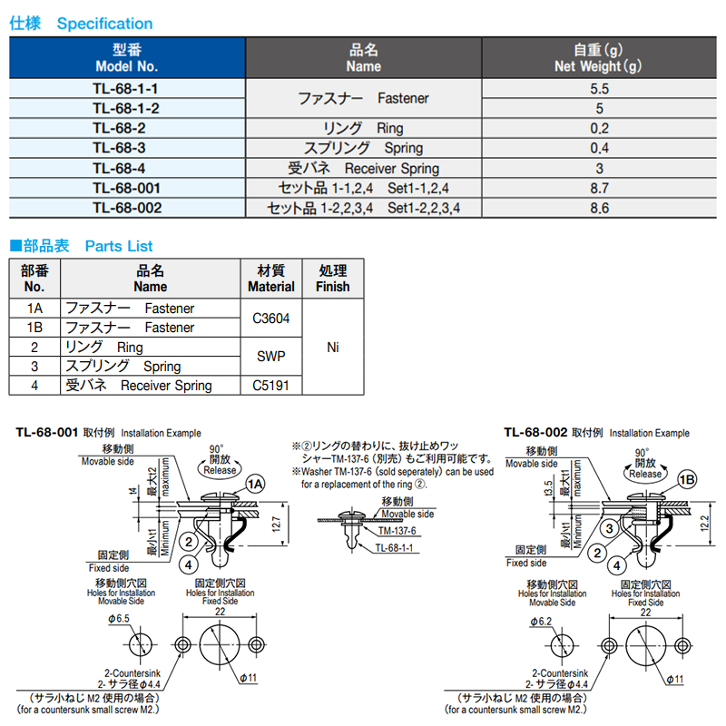 栃木屋 剣型ファスナー用スプリング TL-68-3の寸法表