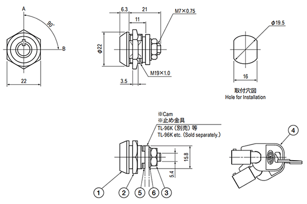栃木屋 S型カムロック TL-96S-1の寸法図