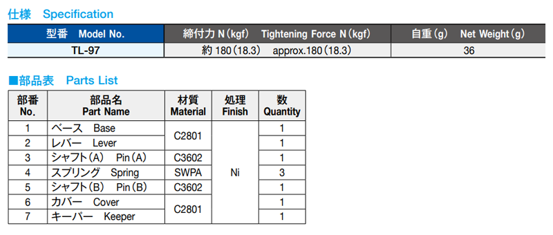 栃木屋 T型ファスナー4型 TL-97の寸法表