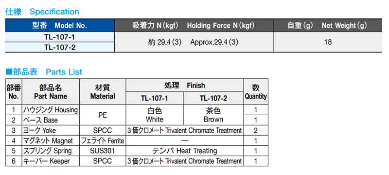 栃木屋 マグネットキャッチ TL-107-1(白色)の寸法表