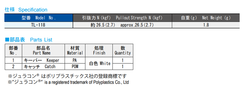 栃木屋 ジュラコンキャッチ(平付型) TL-118の寸法表