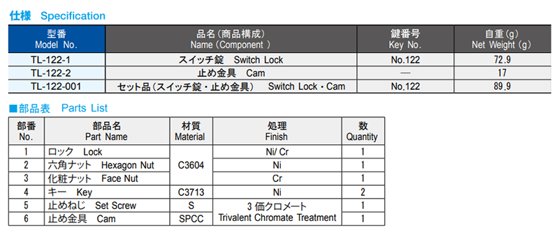 栃木屋 スイッチ錠 TL-122-1の寸法表
