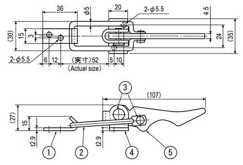 栃木屋 キャッチレバー TL-129の寸法図
