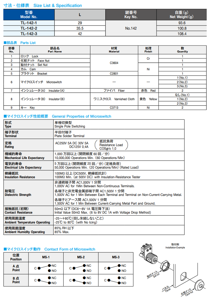 栃木屋 キースイッチ4型 TL-142-1の寸法表