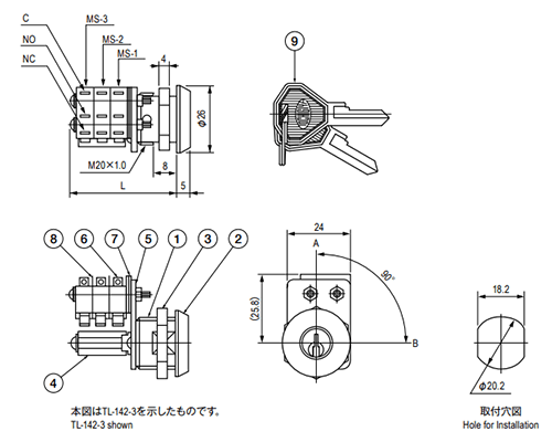 栃木屋 キースイッチ4型 TL-142-1の寸法図