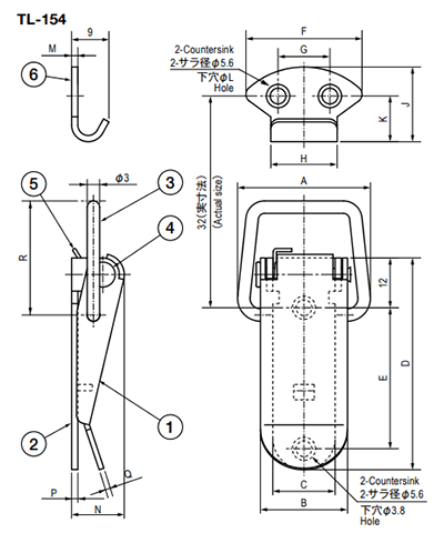 栃木屋 セミパチン錠 TL-154-1の寸法図