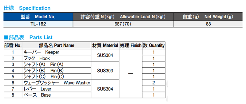 栃木屋 ハードキャッチ TL-162の寸法表