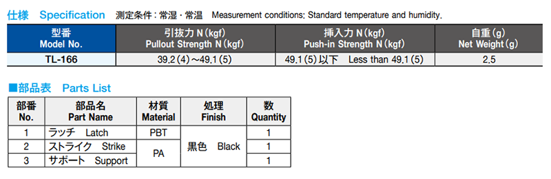 栃木屋 ラッチストライク TL-166の寸法表
