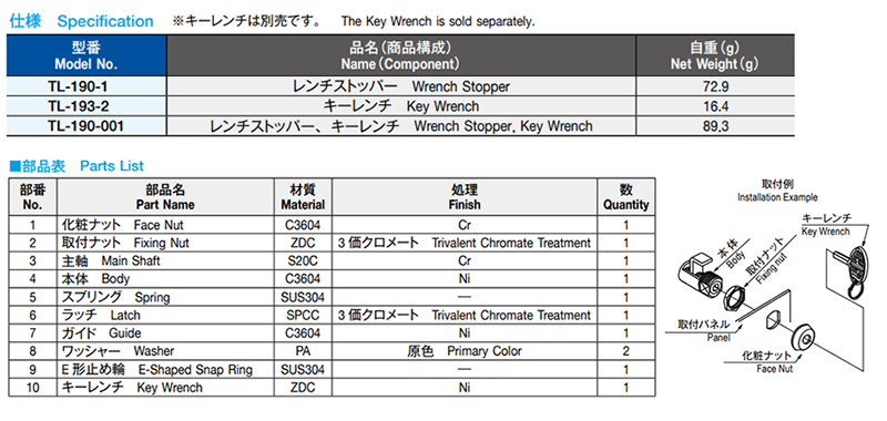 栃木屋 レンチストッパー TL-190-001の寸法表