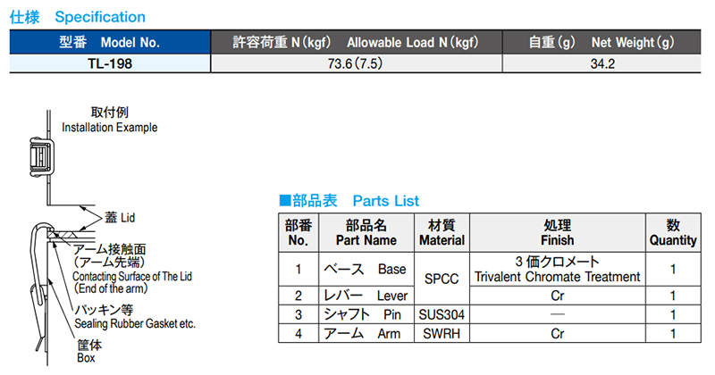 栃木屋 コーナークランプ TL-198の寸法表