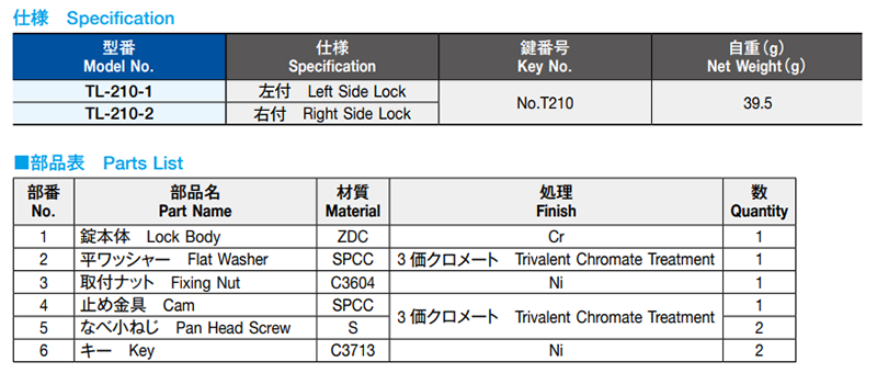 栃木屋 AKロック TL-210-2の寸法表
