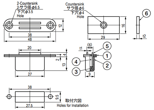 栃木屋 埋込型マグネットキャッチ TL-229の寸法図