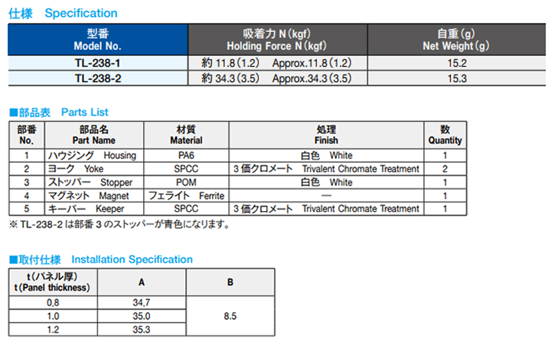 栃木屋 マグネットキャッチ TL-238-1の寸法表