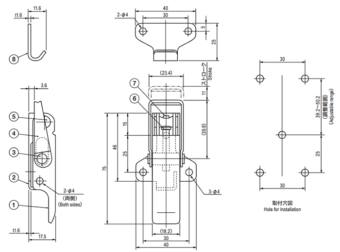 栃木屋 アジャストクリップ(ロックなし) TL-253-1の寸法図