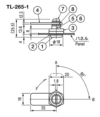 栃木屋 パネルラッチ TL-265-1の寸法図