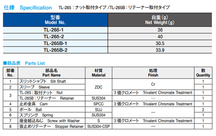 栃木屋 パネルラッチ TL-265-2の寸法表