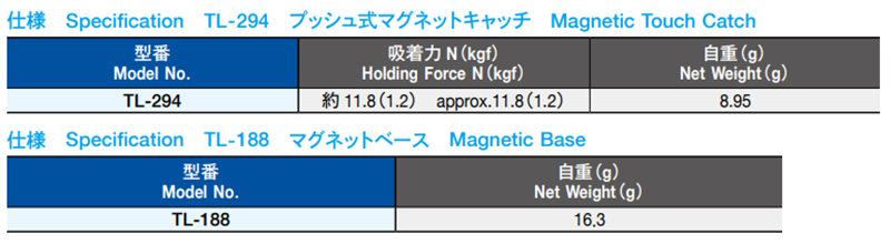 栃木屋 プッシュ式マグネットキャッチ TL-294の寸法表