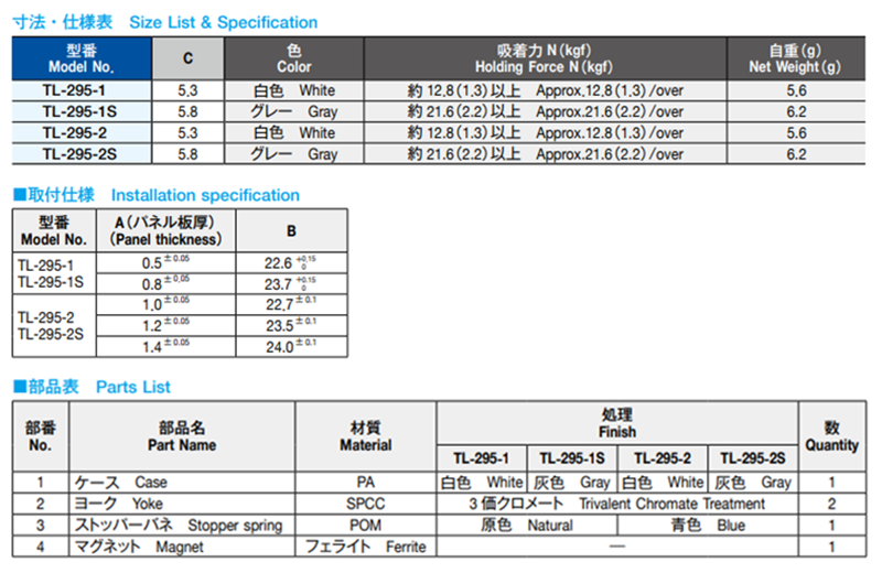 栃木屋 マグネットキャッチ TL-295-1の寸法表