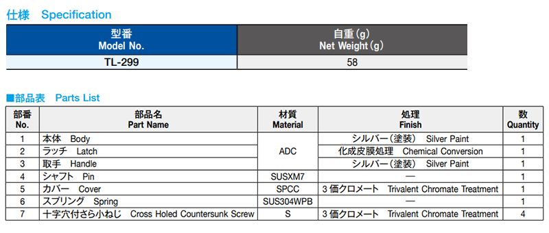 栃木屋 リングラッチ TL-299の寸法表