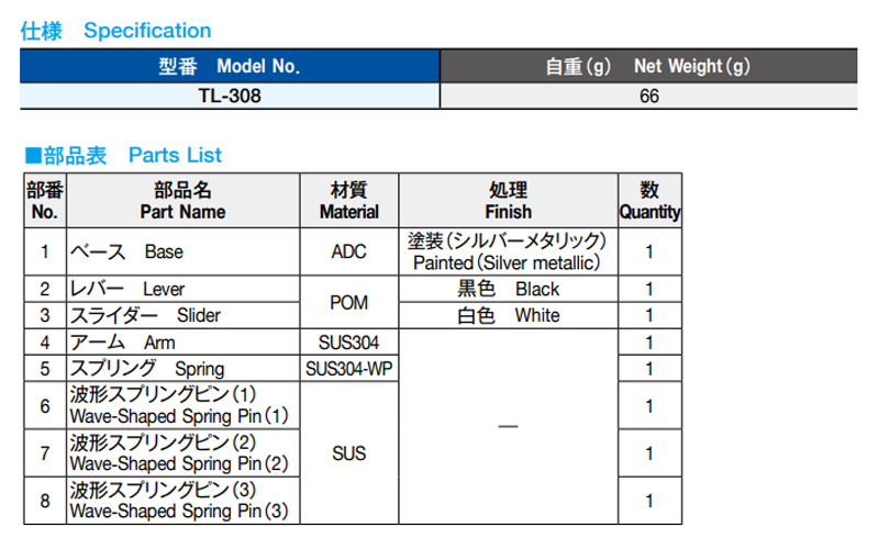 栃木屋 スライドラッチ TL-308の寸法表