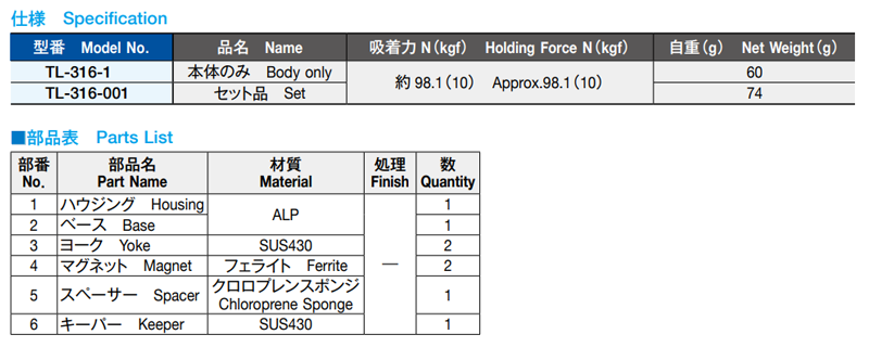 栃木屋 マグネットキャッチ本体のみ TL-316-1の寸法表