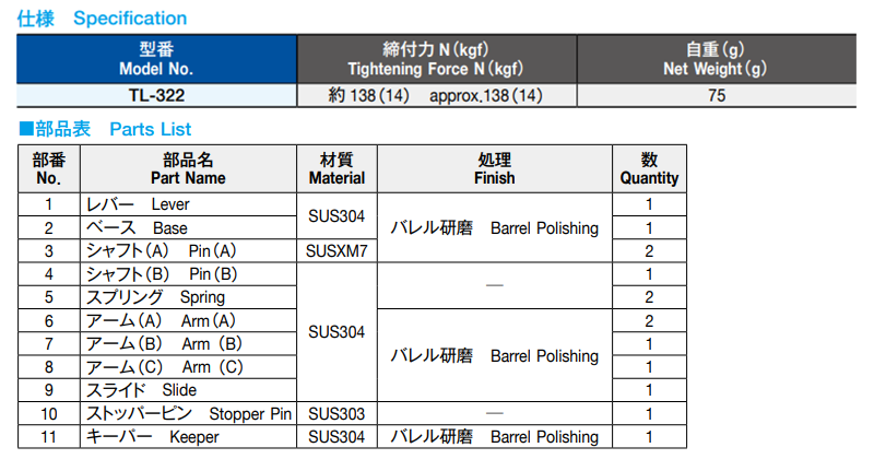 栃木屋 ロック付ステンレスキャッチクリップ TL-322の寸法表