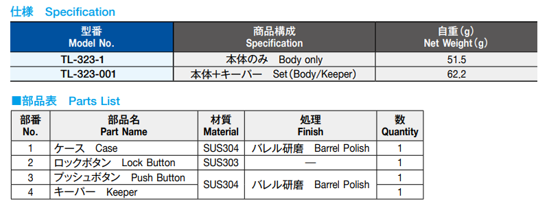 栃木屋 ステンレススライドラッチ本体のみ TL-323-1の寸法表