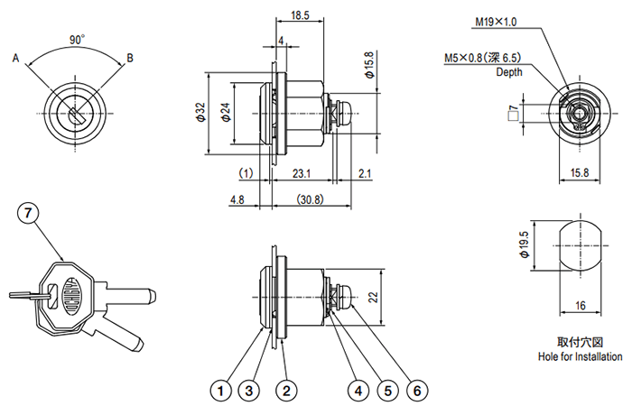 栃木屋 防水型シリンダー錠 TL-324の寸法図