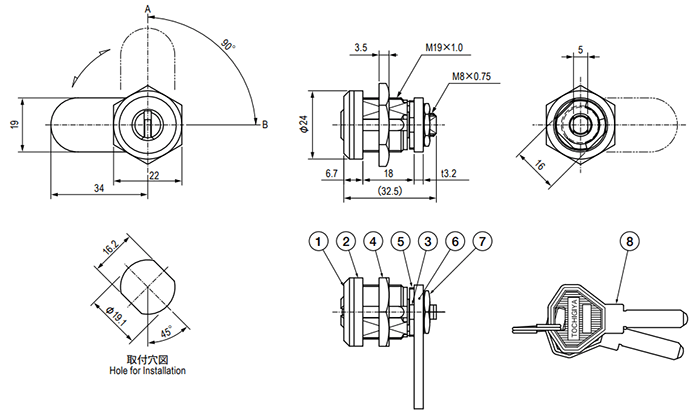 栃木屋 シリンダー錠 TL-326の寸法図