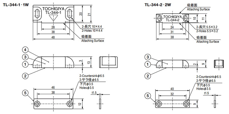 栃木屋 防塵マグネットキャッチ TL-344-2の寸法図