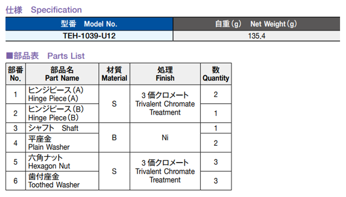 栃木屋 ヒンジ TEH-1039-U12の寸法表