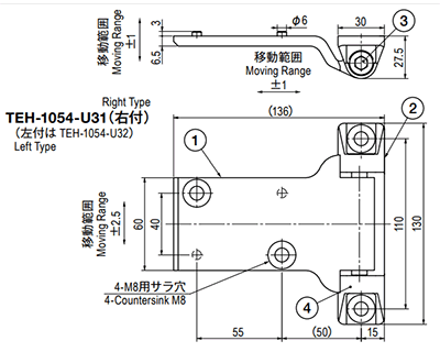 栃木屋 ヒンジ TEH-1054-U32の寸法図