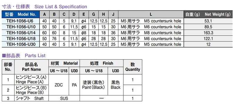 栃木屋 フラットヒンジ TEH-1056-U14の寸法表