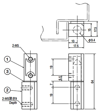 栃木屋 フラットヒンジ TEH-1056-U34の寸法図