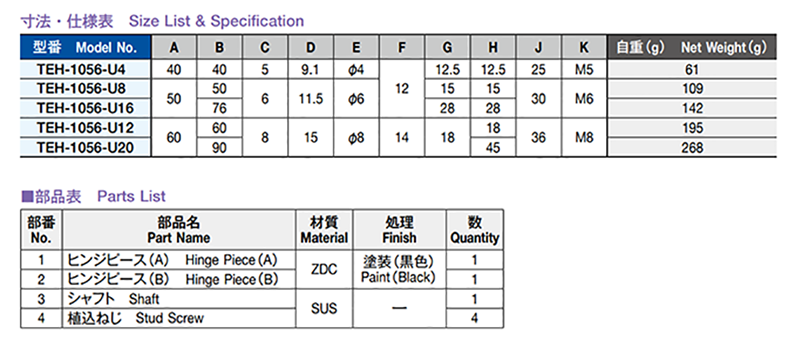栃木屋 フラットヒンジ TEH-1056-U4の寸法表