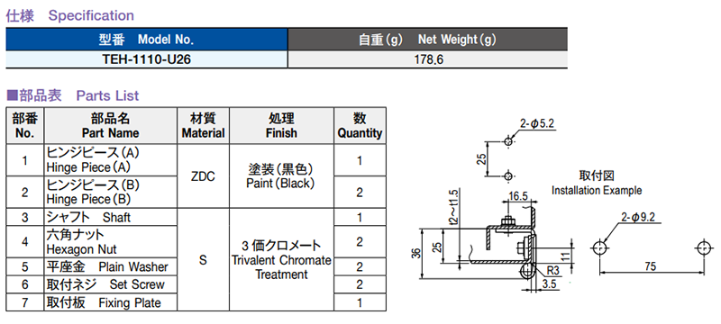 栃木屋 ヒンジ TEH-1110-U26の寸法表