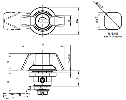 栃木屋 ウィングノブ TEA-1000-U150の寸法図